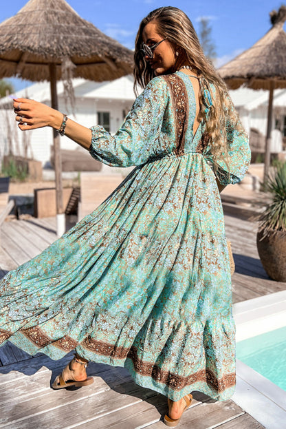 Boho Floral Print Lace-Up Open Back High Waist Maxi Dress | Green