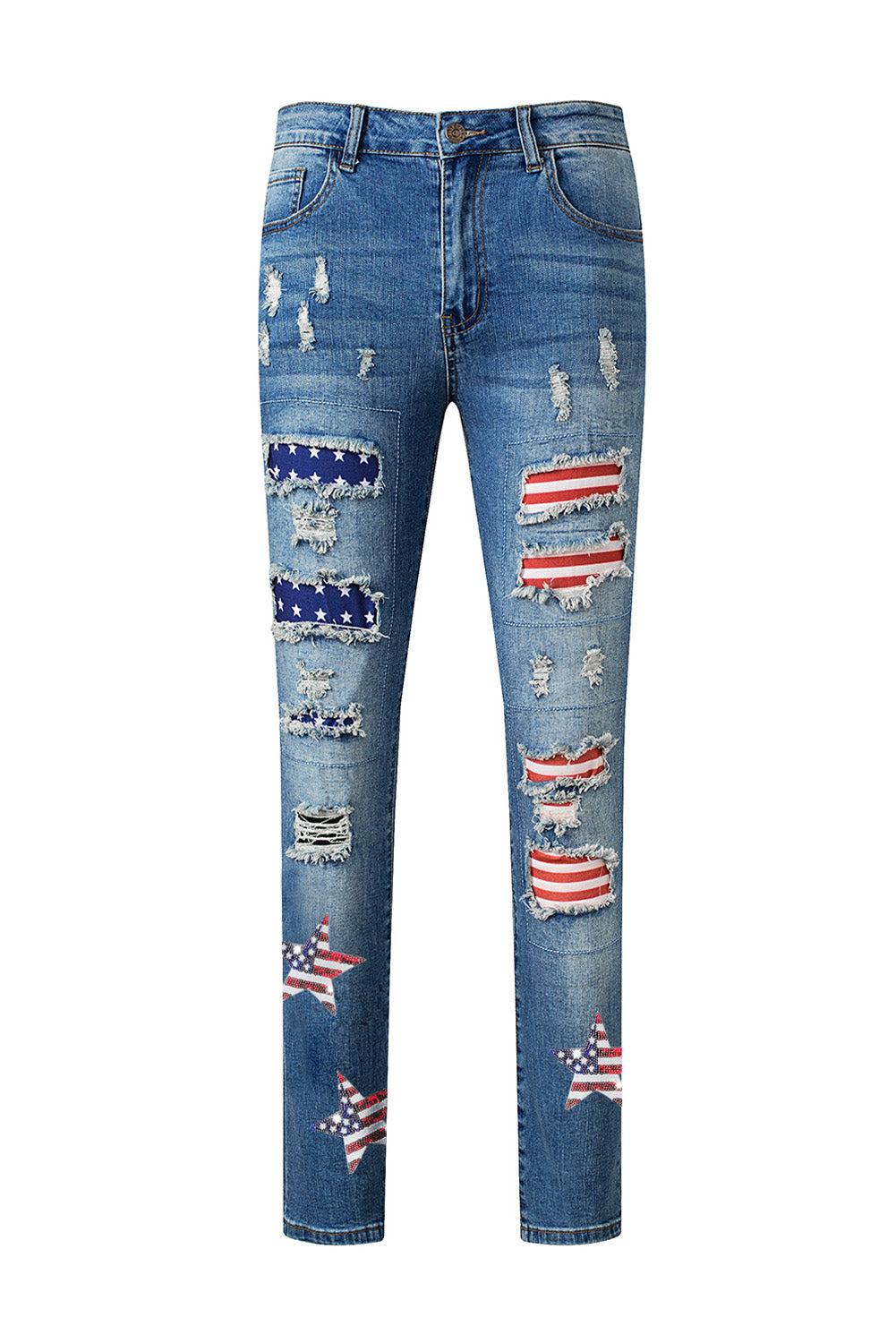 Sequin American Flag Star Graphic Distressed Straight Jeans | Sky Blue