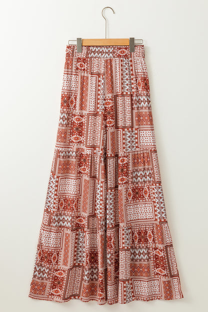 Boho Aztec Print Tiered Palazzo Pants | Brown