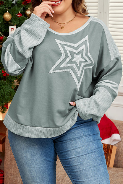 Stars Patchwork Round Neck Plus Size T Shirt | Mist Green