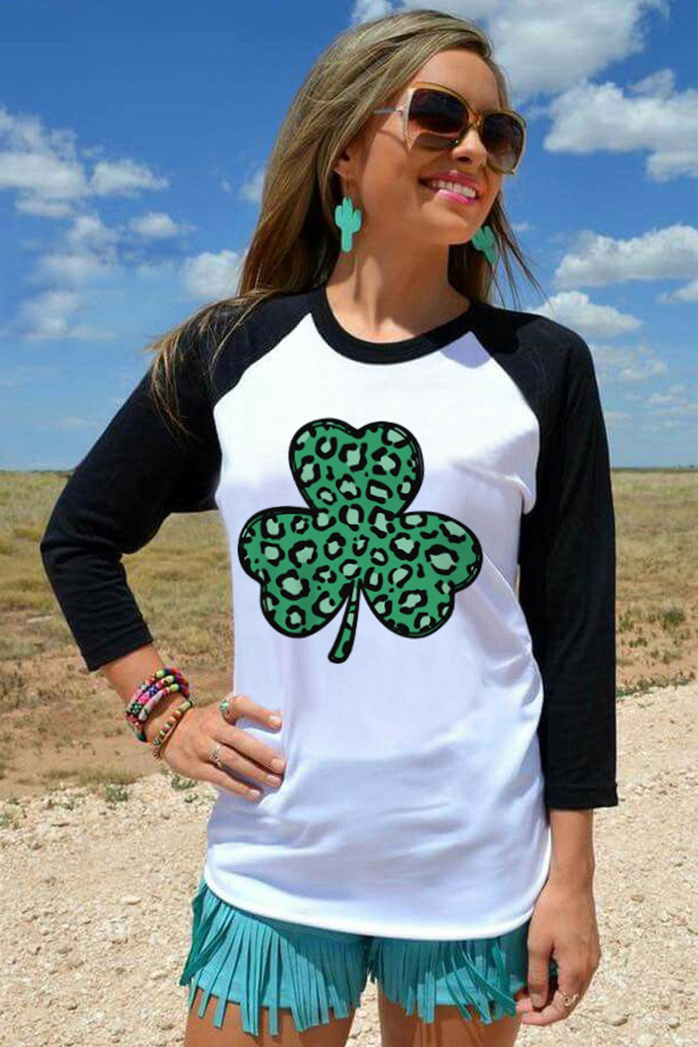 Leopard Spotted Clover St Patrick Graphic Long Sleeve Tee | Black