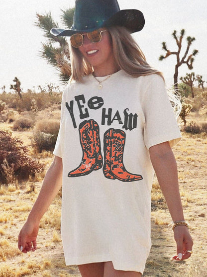 Yee Haw Cowboy Boots Graphic Vintage Western Oversized Tee | White