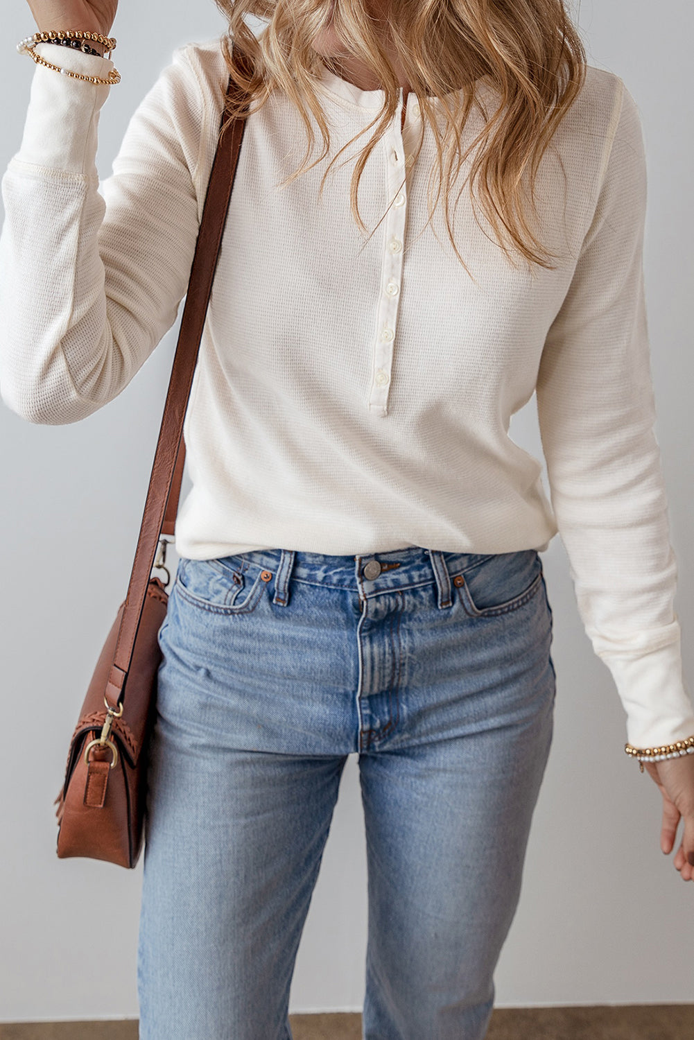 Solid Colour Waffle Half Button Long Sleeve Top | White