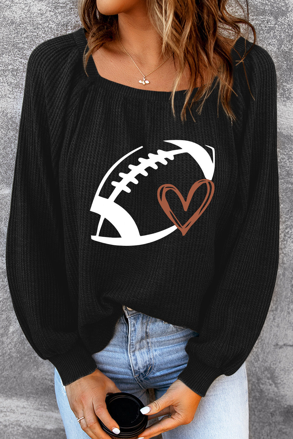 Rugby Football Print Square Neck Puff Sleeve Waffle Top | Black