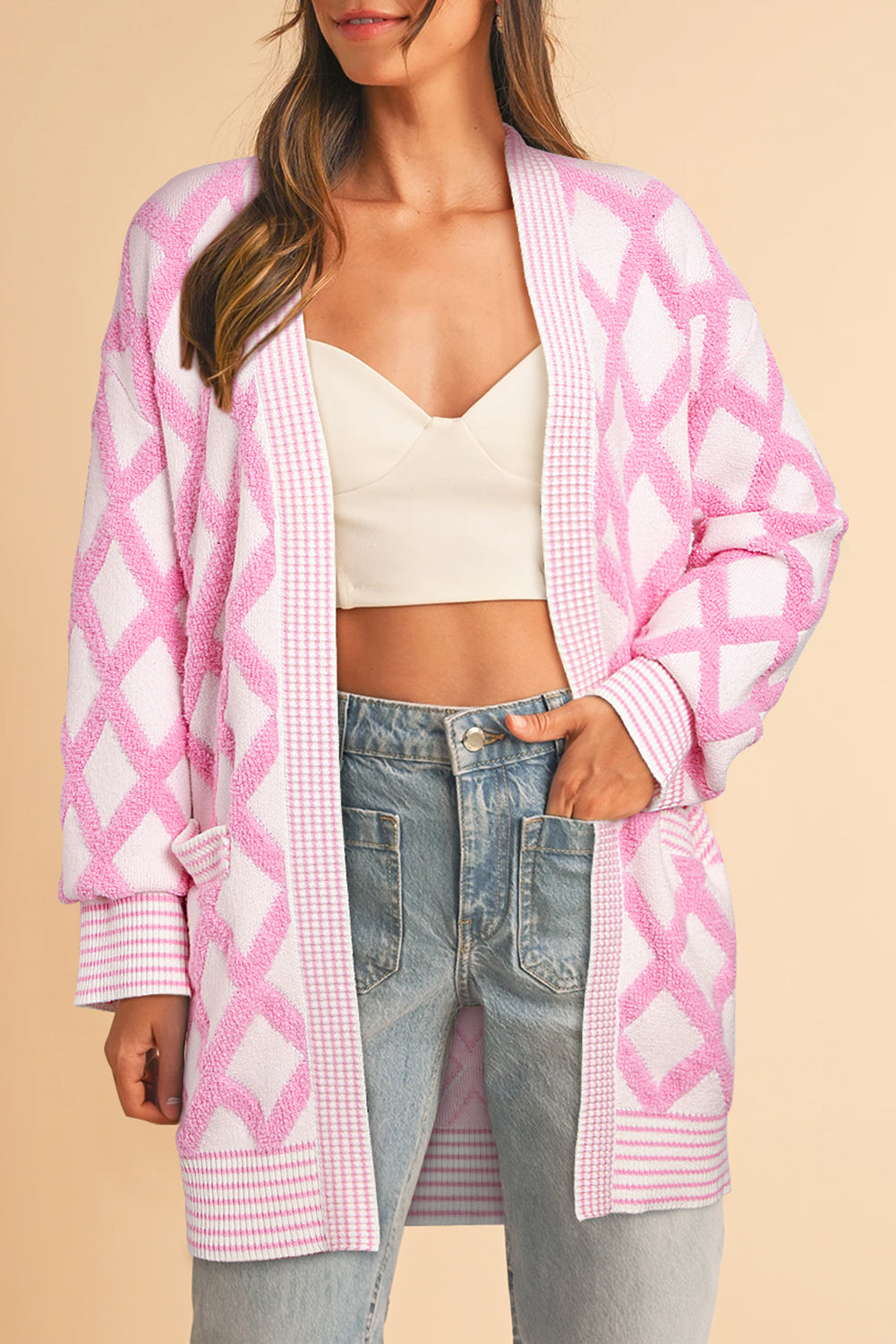 Rhombus Pattern Knit Open Front Pocketed Cardigans | Pink