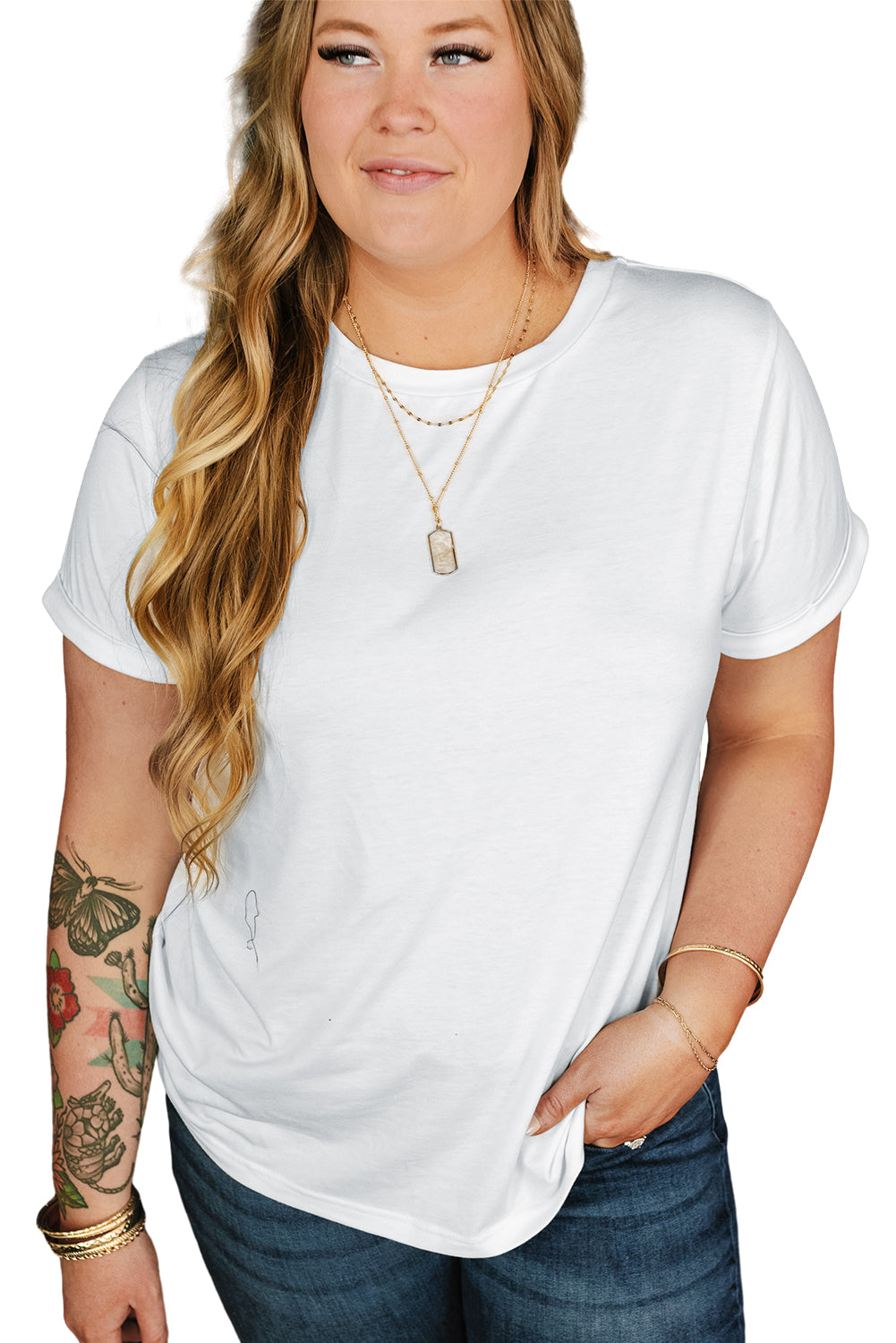 Round Neck Rolled Sleeve Plus Size T-Shirt | White