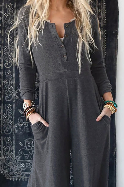 Button Long Sleeve Wide Leg Jumpsuit | Gray