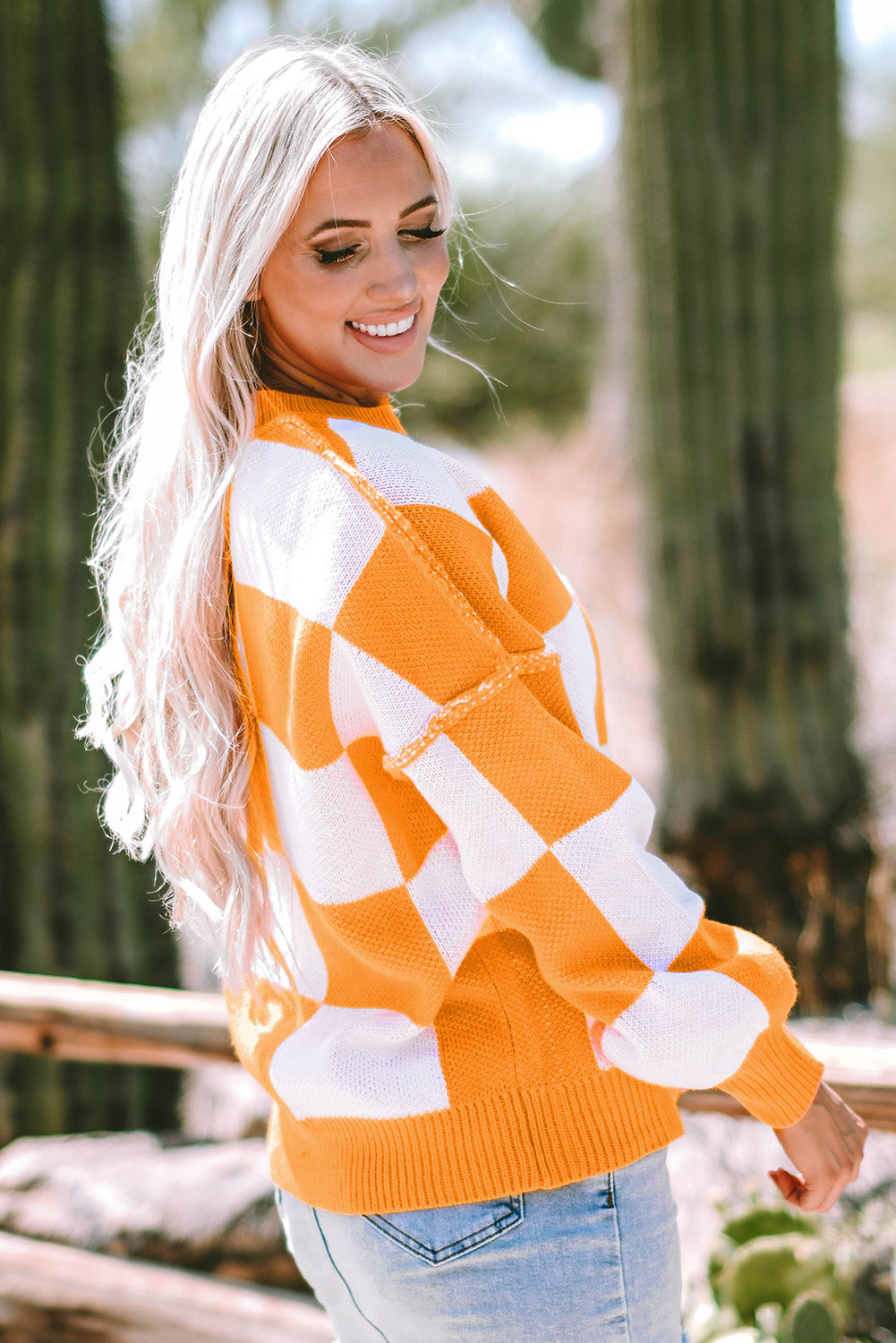 Orange Checkered Bishop Sleeve Sweater | Grapefruit Orange