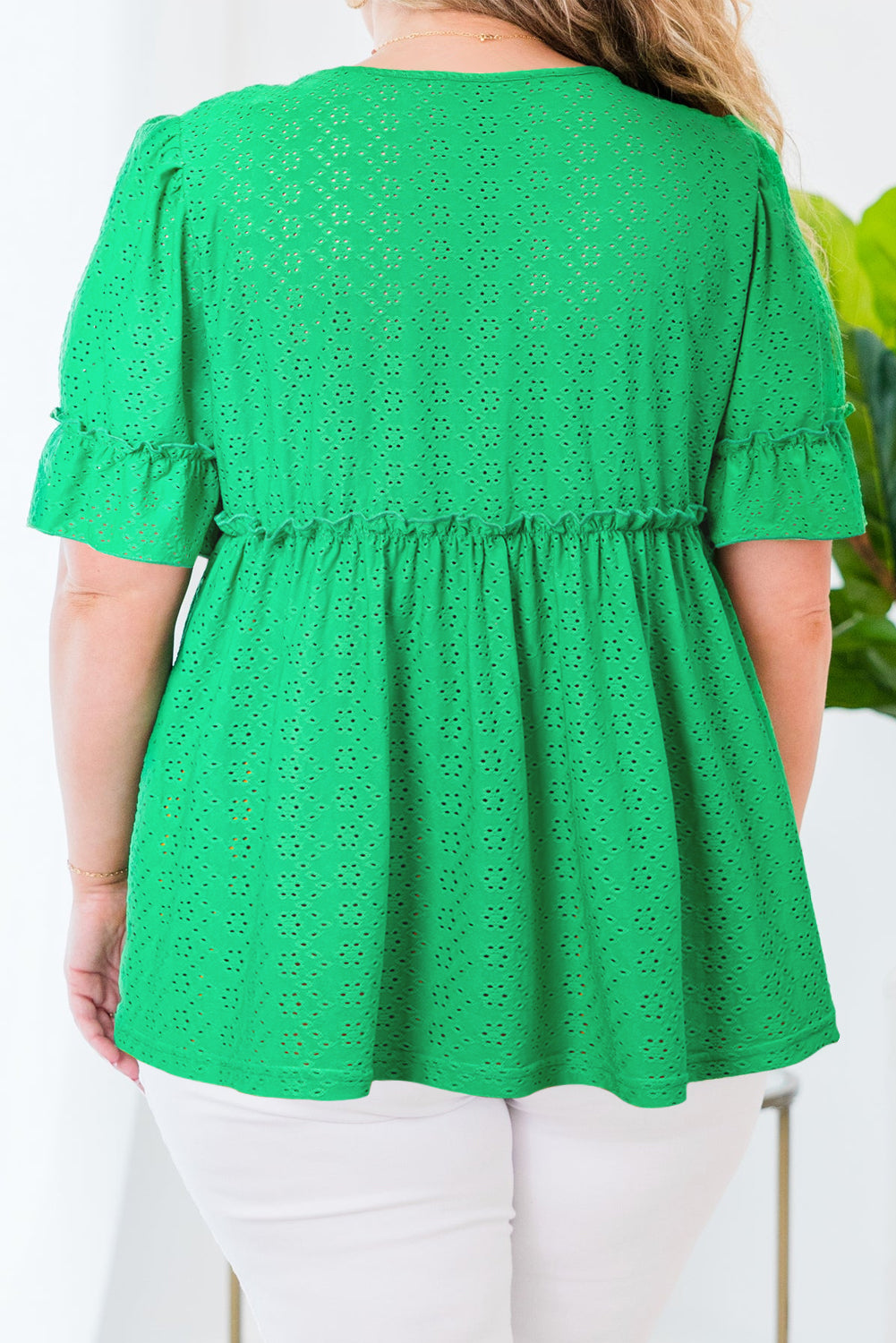 Textured Frilled Short Sleeve Plus Size Babydoll Blouse | Green