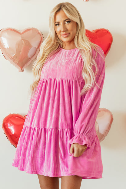 Flounce Sleeve Tiered Ruffled Velvet Mini Dress | Strawberry Pink