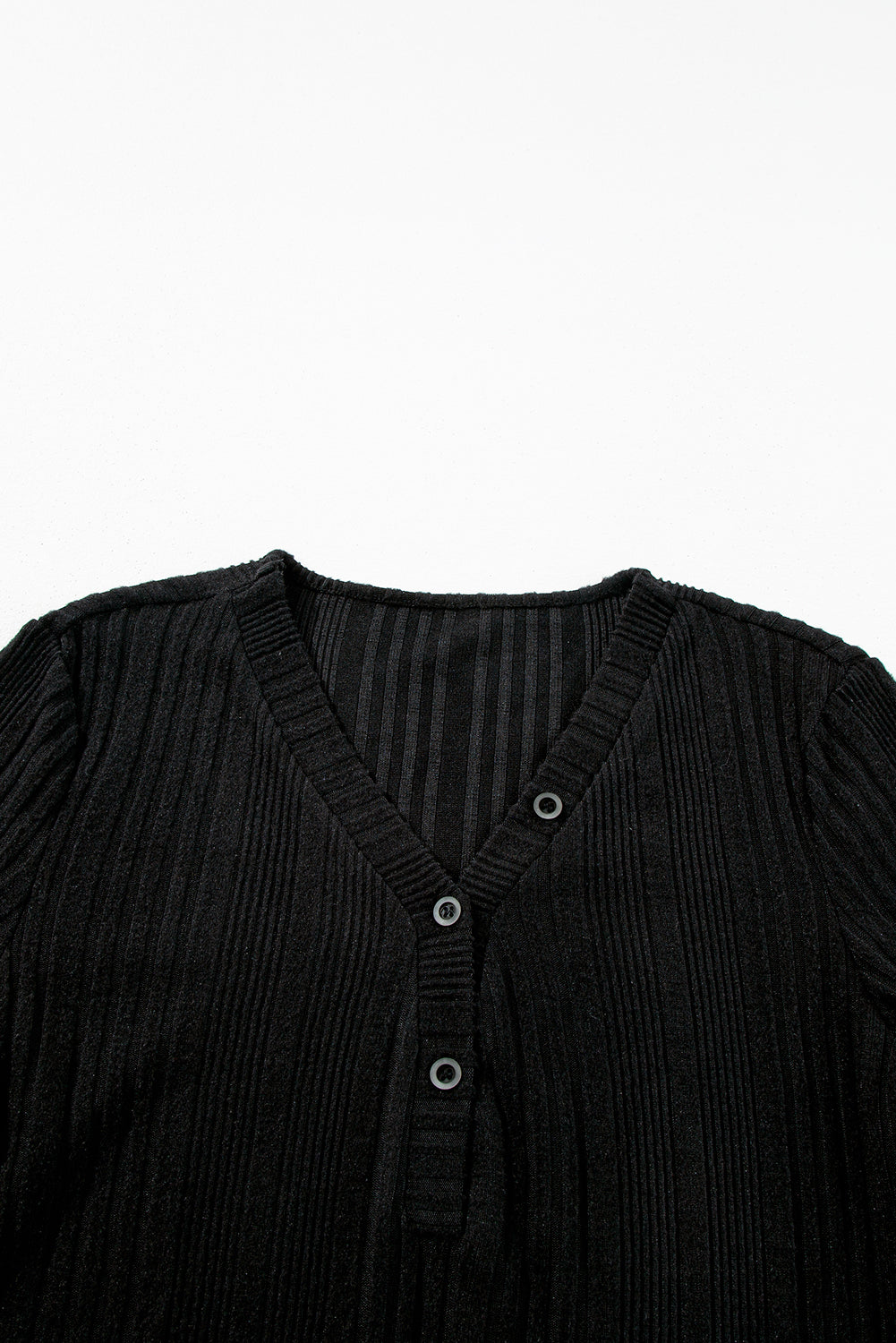 V Neck Buttoned Ribbed Knit Top | Black