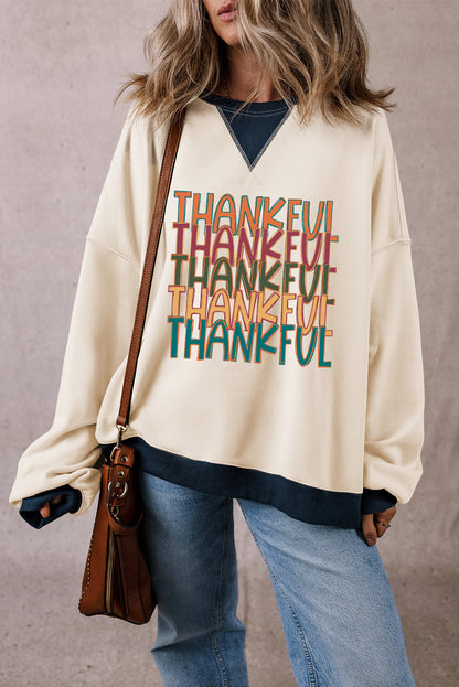 Thankful Graphic Colourblock Edge Oversized Thanksgiving Sweatshirt | White