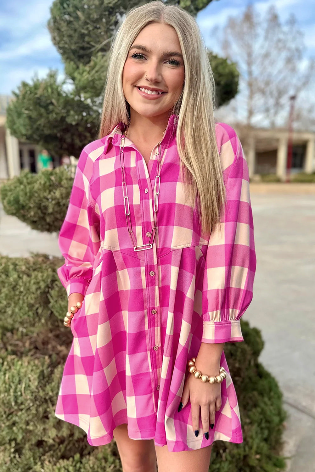 Plaid Collared Bracelet Sleeve Shirt Flare Mini Dress | Rose Red