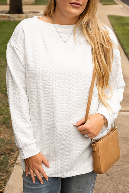 Cable Textured Loose Plus Size Sweatshirt | White