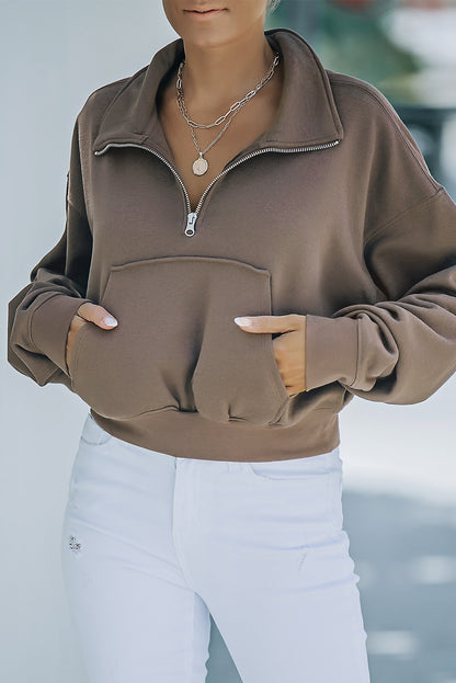 Zipped Turn Down Collar Cropped Sweatshirt With Pocket | Brown