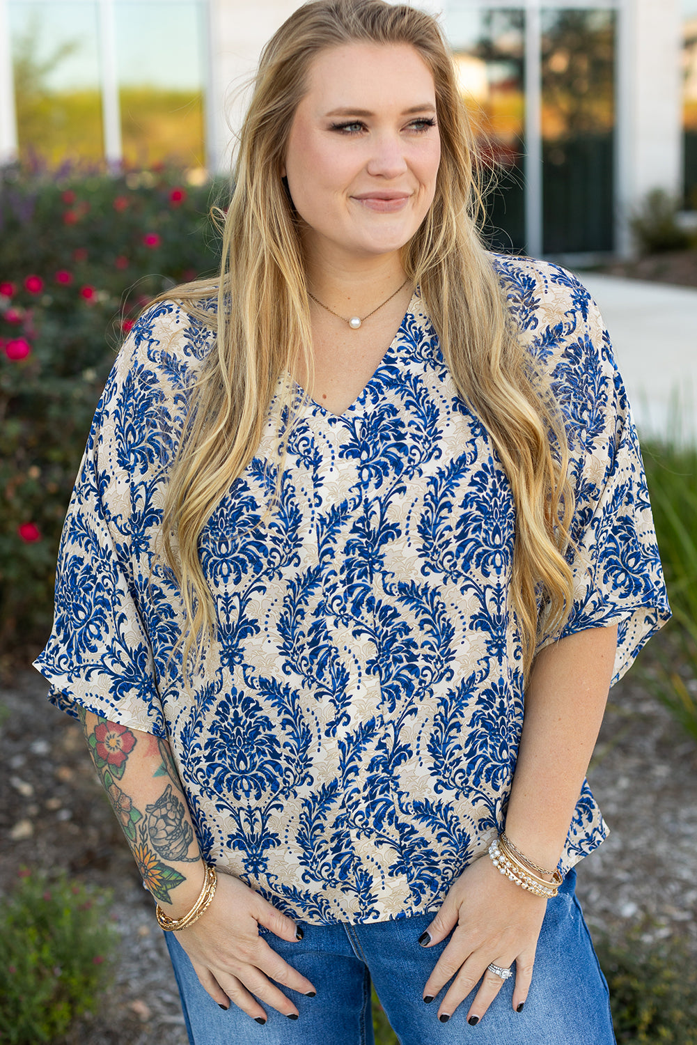 Plus Size Ethnic Printed 3/4 Sleeve V Neck Loose Blouse | Blue