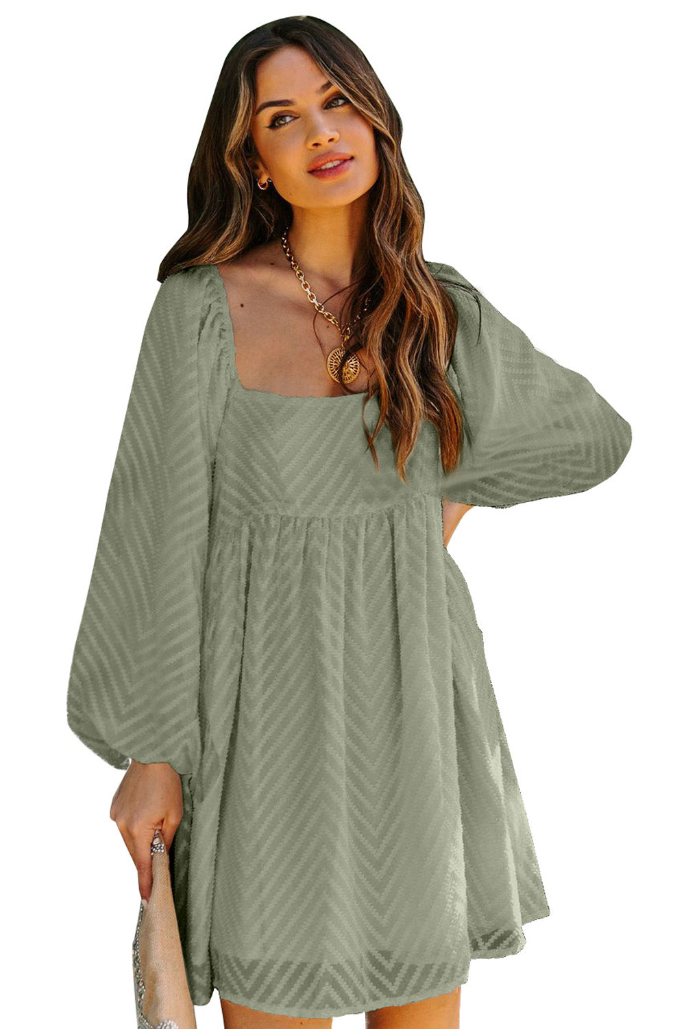 Square Neck Puff Sleeve Babydoll Style Short Dress | Gray