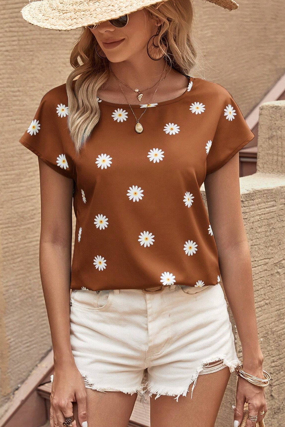 Daisy Print Short Sleeve Top | Chestnut