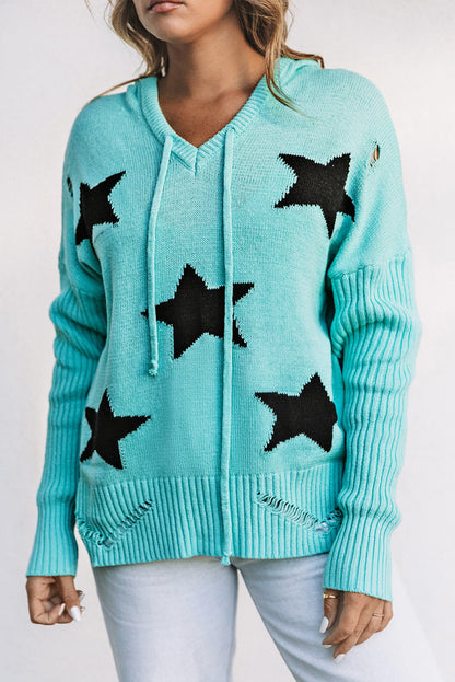 V Neck Star Pattern Hooded Sweater With Slits | Green