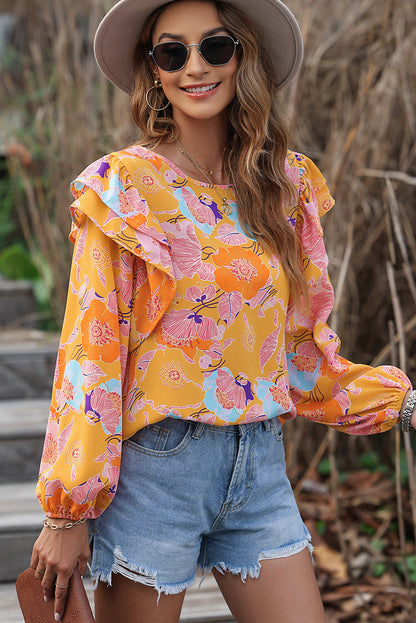 Floral Print Ruffle Puff Sleeve Blouse | Ginger