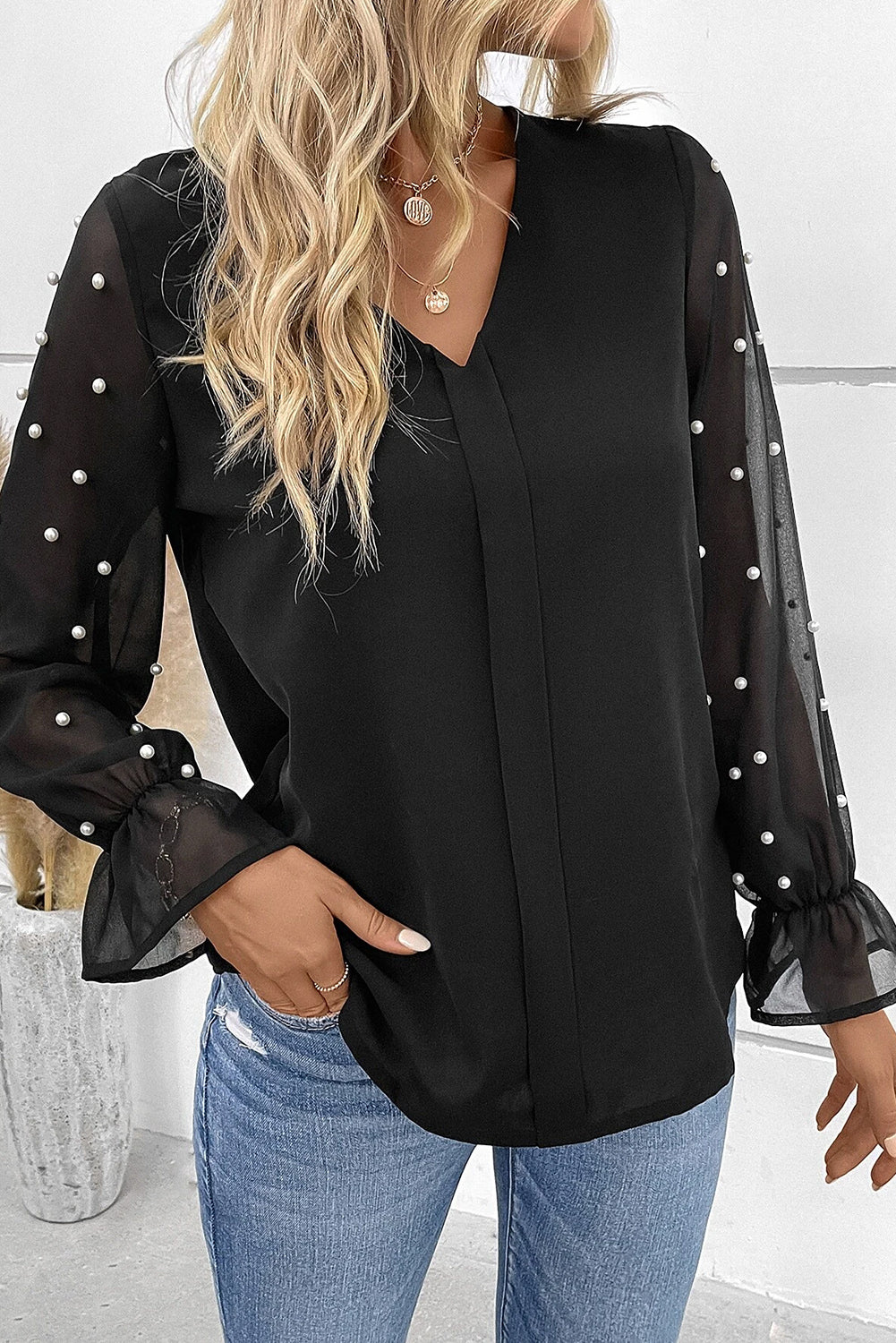 Pearl Mesh Flounce Sleeve V Neck Blouse | Black