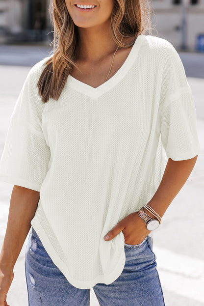 Waffle Knit Drop Shoulder Loose Top | White