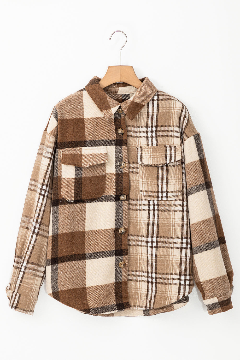 Flannel Plaid Double Flap Pocket Shacket | Light French Beige