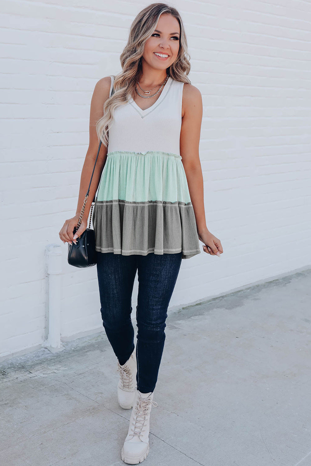 Ruffled V Neck Colour Block Tank Top | Green