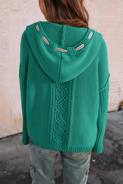 Cable Knit V Neck Contrast Drawstring Hooded Sweater | Sea Green