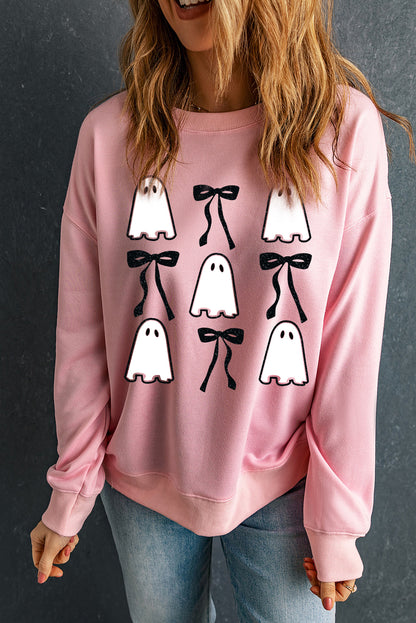 Ghost Bowknot Printed Drop Shoulder Halloween Sweatshirt | Pink