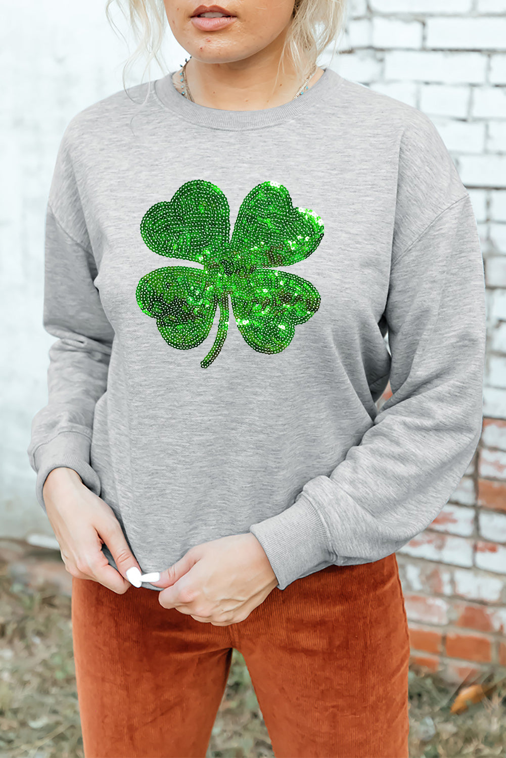 Sequined Clover Patch St Patrick Fashion Sweatshirt | Gray