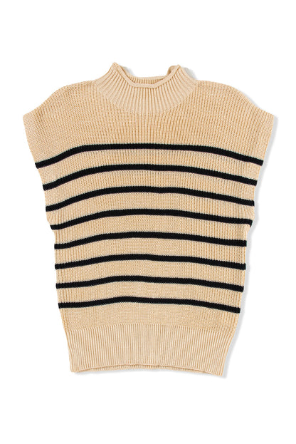 Striped Ribbed Knit High Neck Sweater | Parchment