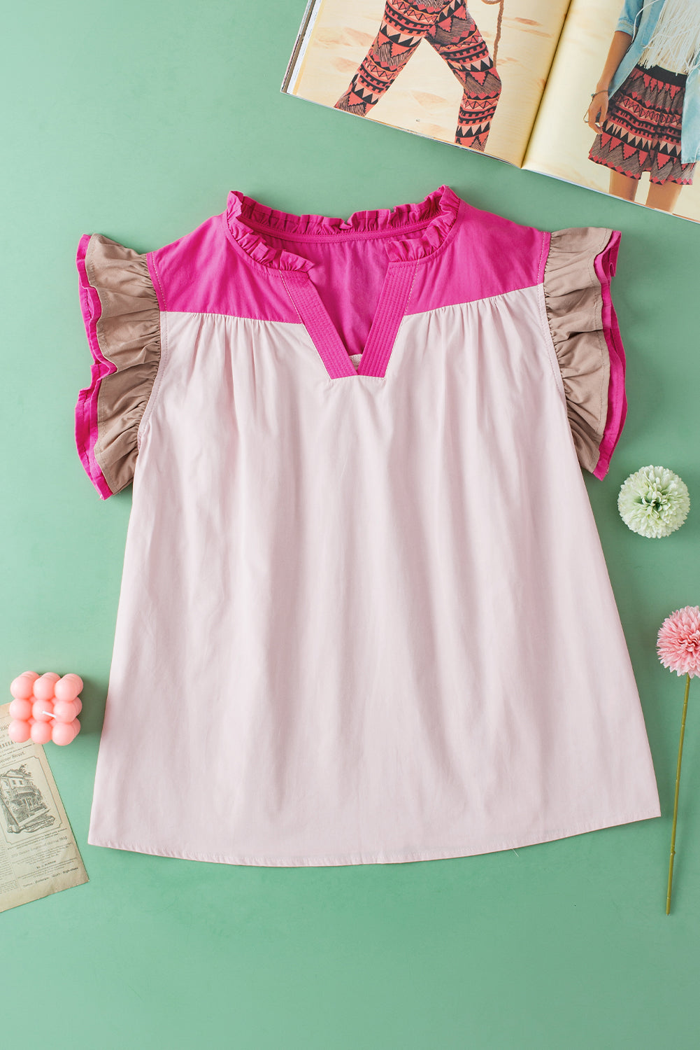 Colourblock Ruffled Sleeve Frill V Neck Blouse | Pink