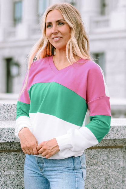 Ribbed V Neck Colour Block Patchwork Sweatshirt | Pink