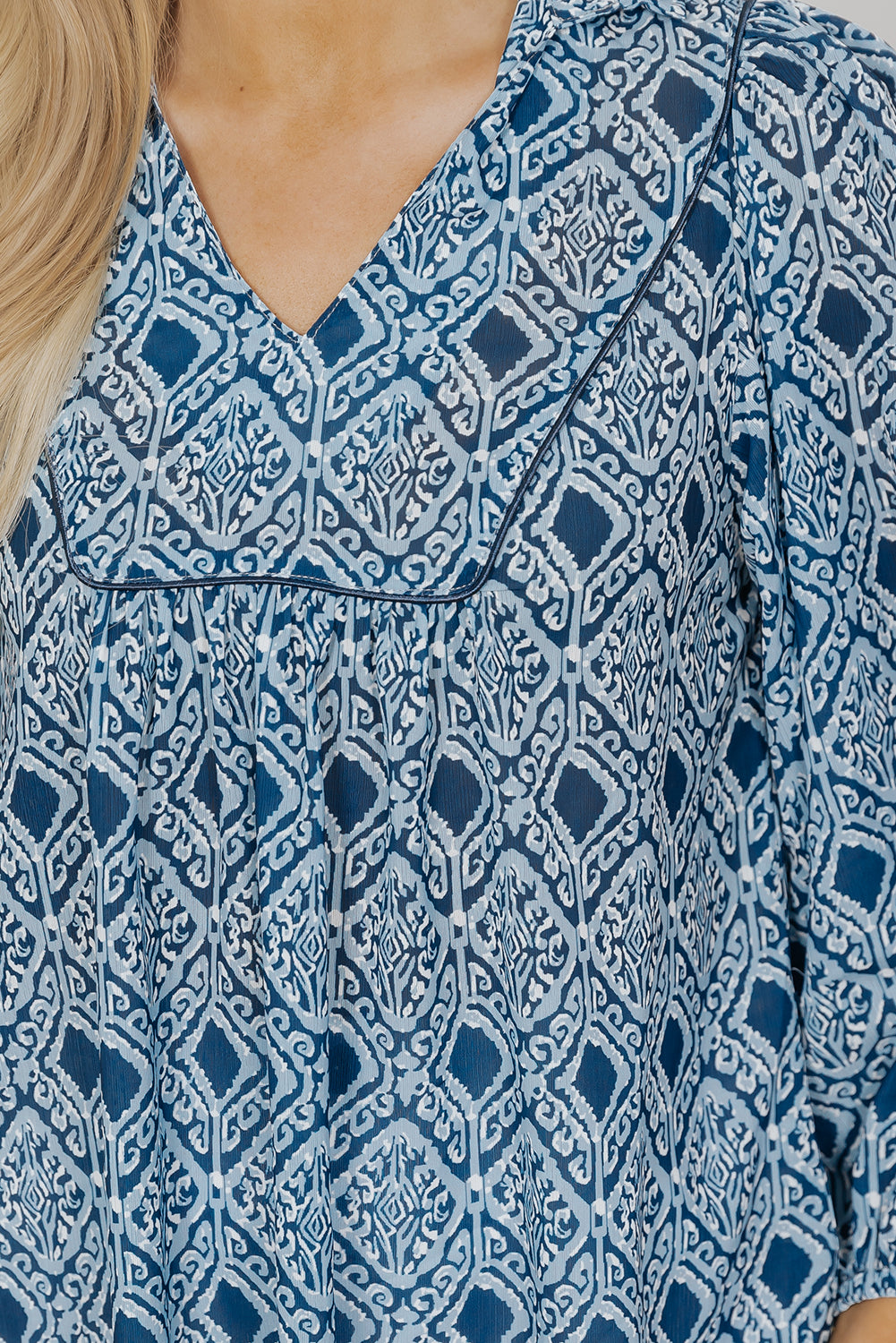 Western Geometric Print Frilled V Neck Loose Fit Blouse | Sky Blue