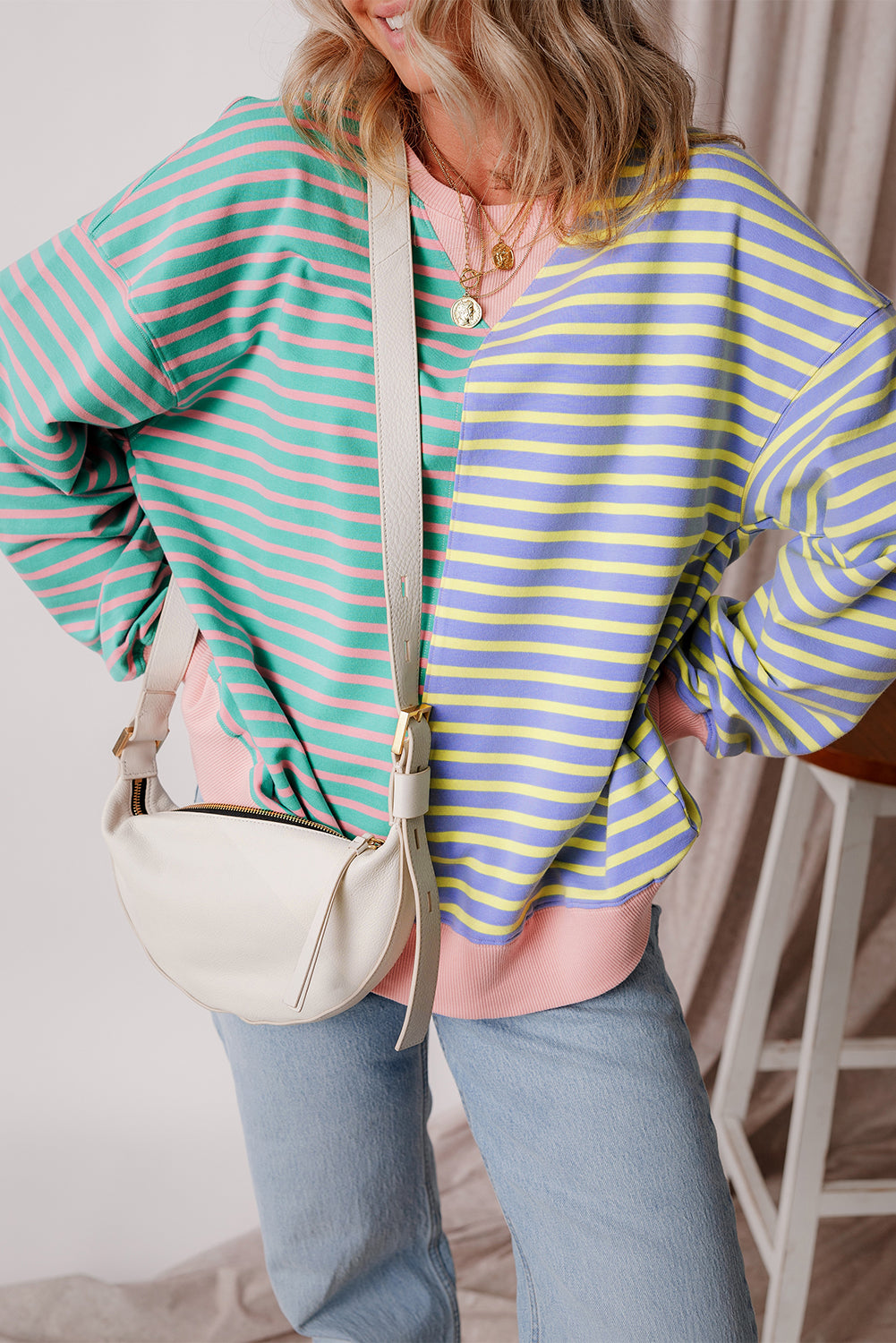 Colourblock Drop Shoulder Oversize Sweatshirt | Sky Blue Stripe