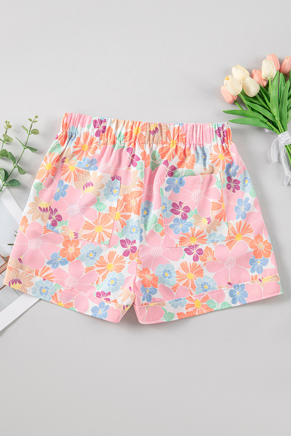 Floral Print Side Pockets Drawstring Casual Shorts | Pink