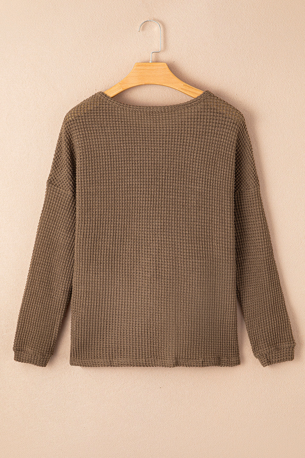 Waffle Knit Drop Shoulder Long Sleeve Top | Dark Brown