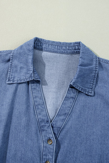 Smocked Cuff Buttoned Tiered Denim Mini Dress | Dusk Blue