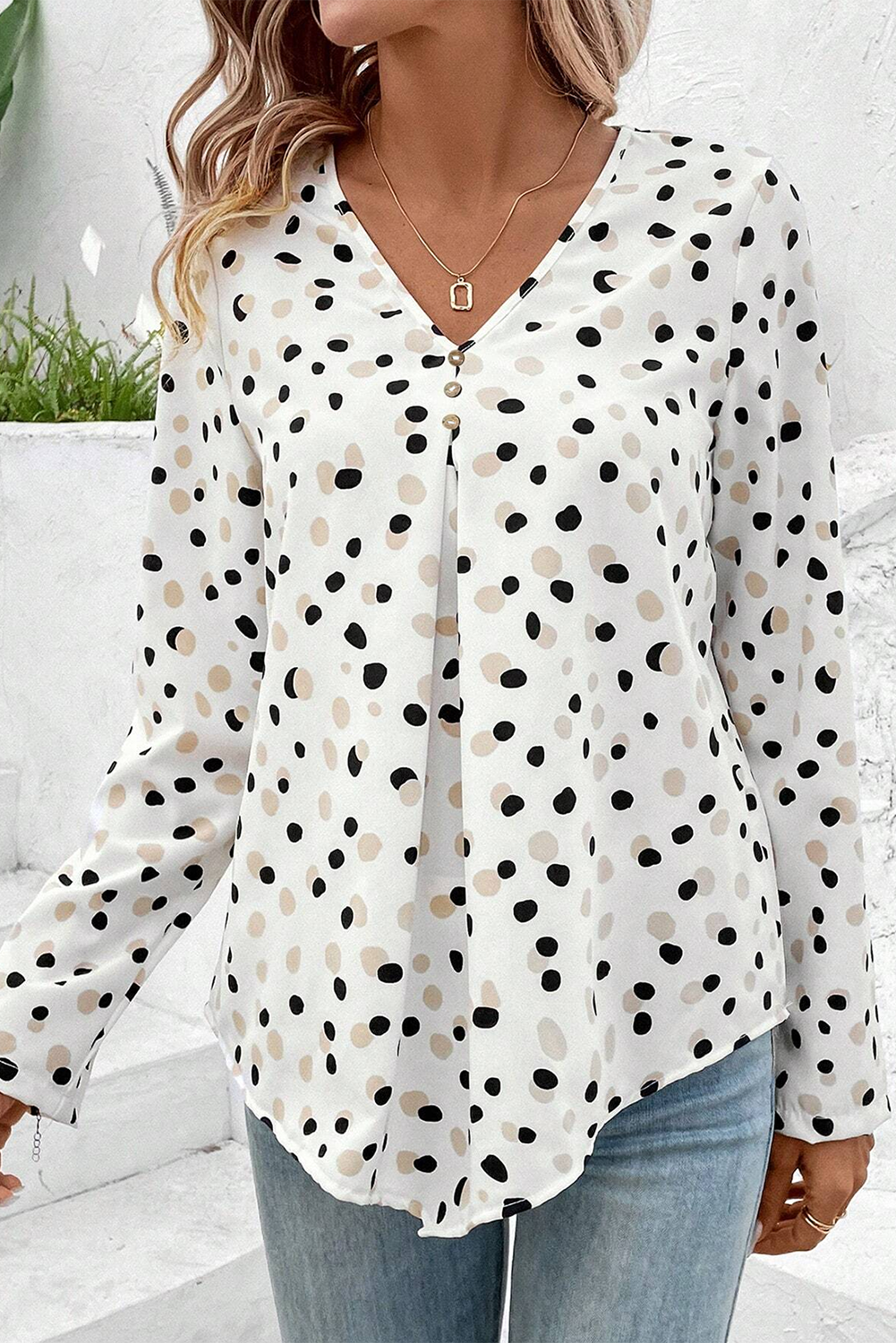 Polka Dot Print Button Front V Neck Blouse | White