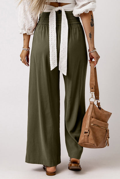 Brown Drawstring Elastic Waist Casual Wide Leg Pants | Green