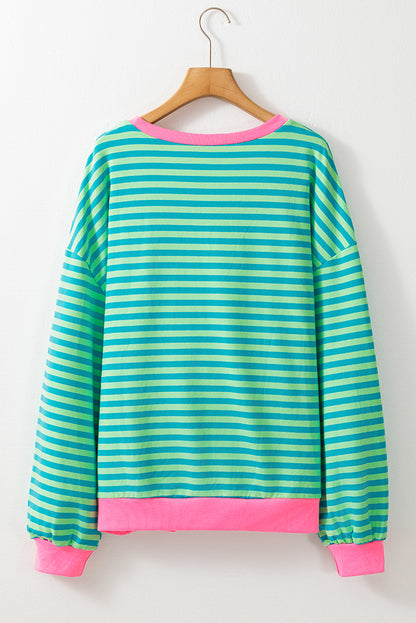 Oversized Contrast Trim Pullover Sweatshirt | Sky Blue Stripe