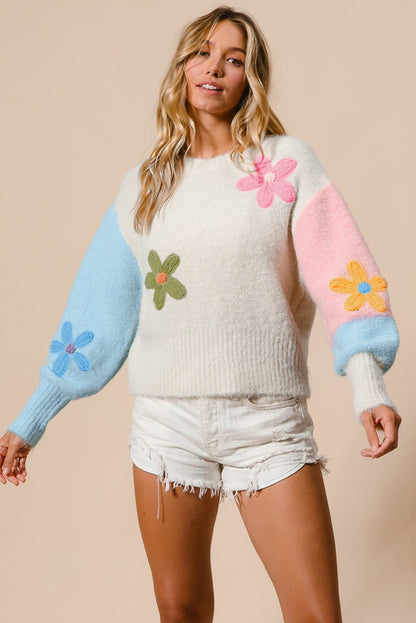 Floral Embroidered Colourblock Fuzzy Drop Shoulder Sweater | Multicolour