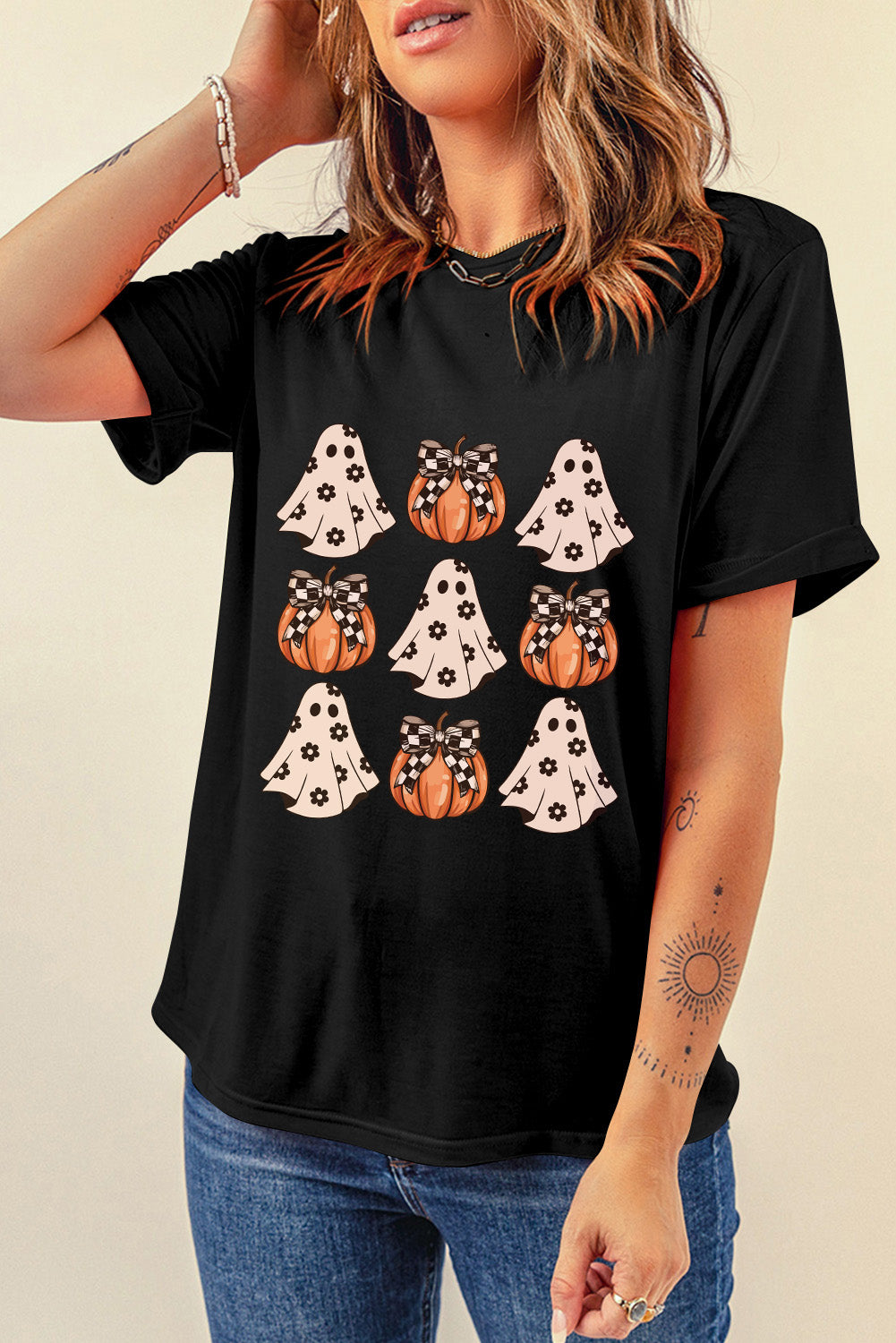 Halloween Ghost Pumpkin Print Crew Neck T Shirt | Black