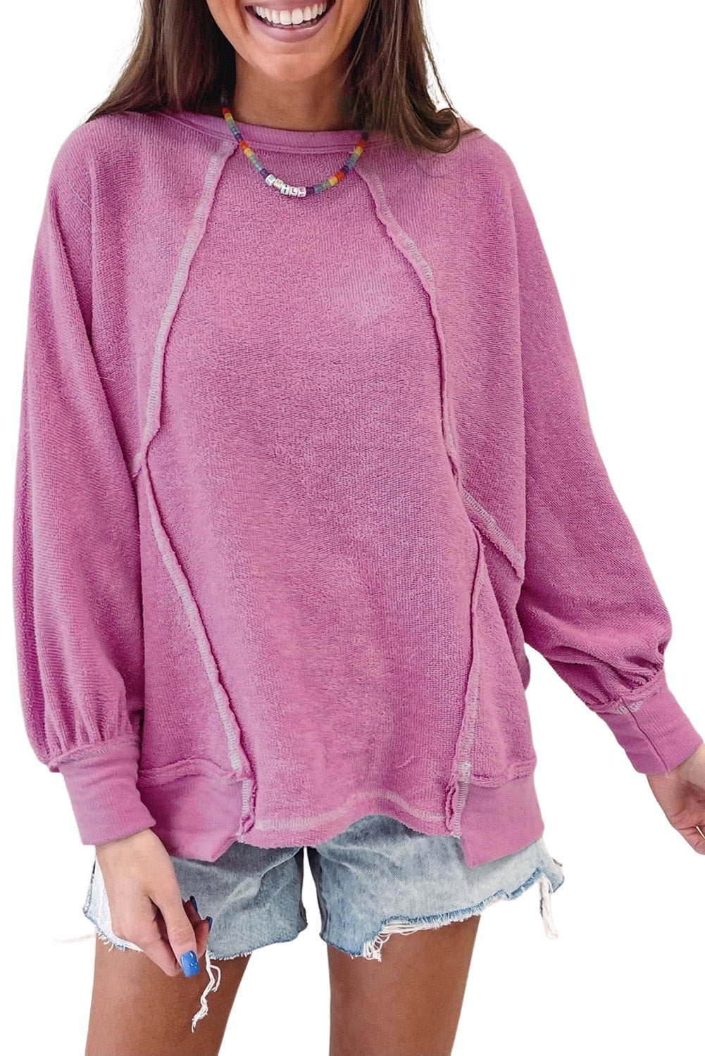 Exposed Seam Round Neck Terry Pullover | Pink