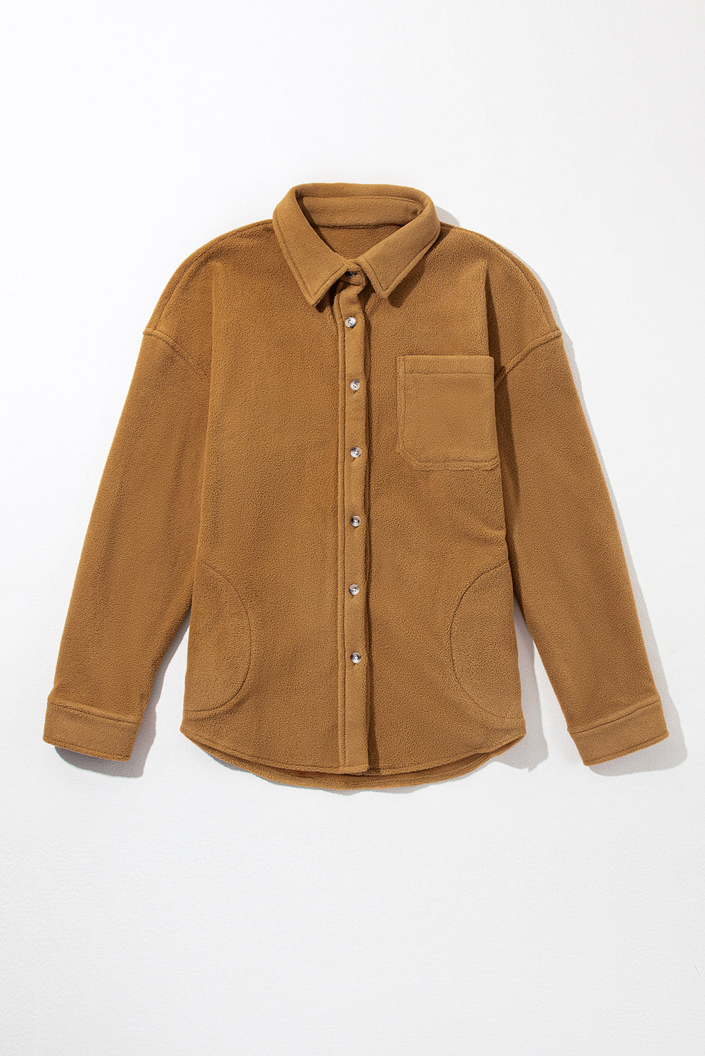 Chest Pocket Button Up Fleece Shacket | Camel