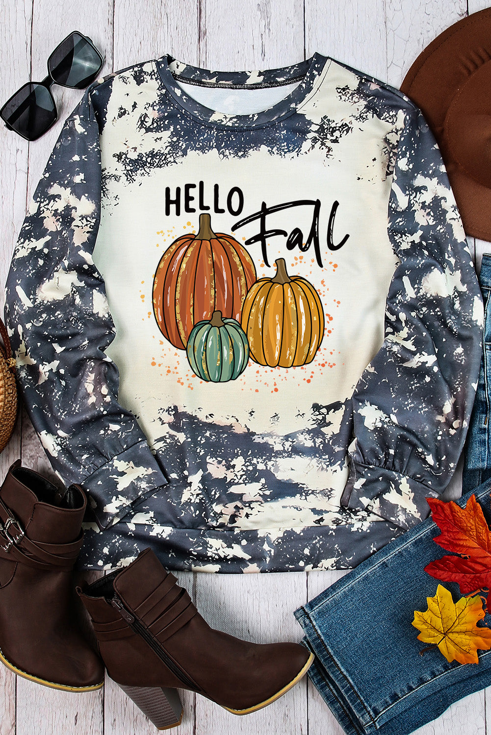 Hello Fall Pumpkin Graphic Tie Dye Long Sleeve Top | Multicolour