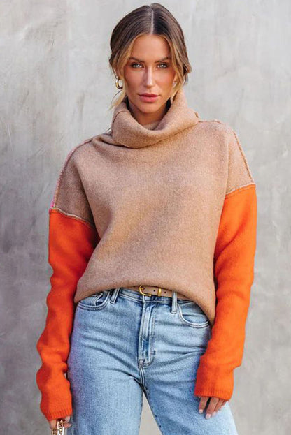 Colour Block Turtle Neck Drop Shoulder Knit Sweater | Khaki