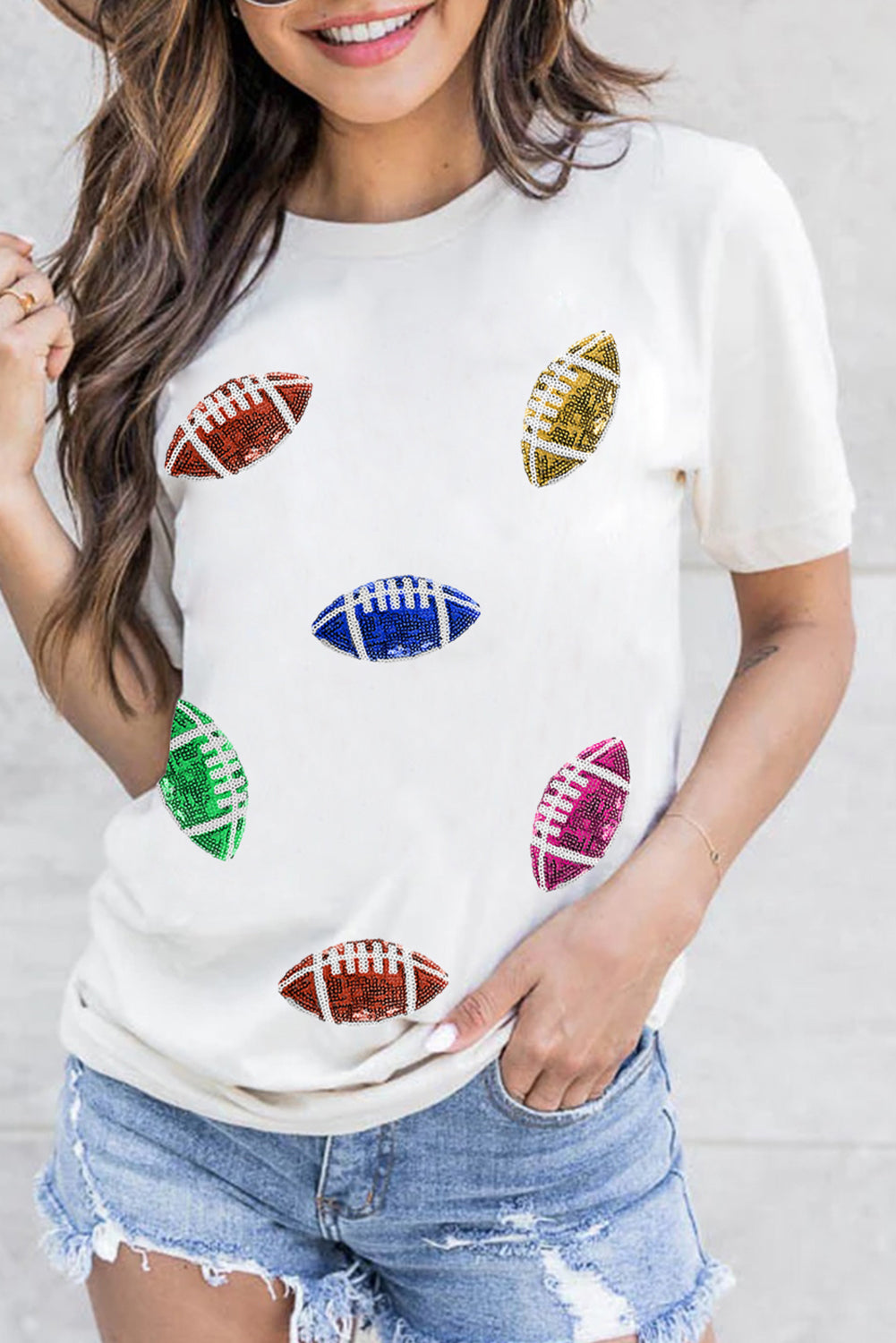 Sequin Rugby Football Pattern Crewneck T Shirt | White