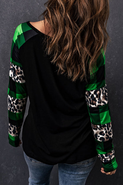 Sequin Clover Patch Graphic Plaid&Leopard Sleeve Top | Green